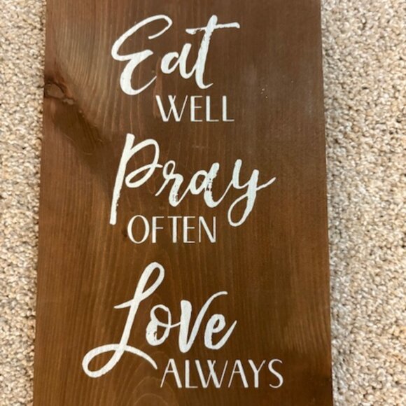 WOOD "EAT/PRAY/LOVE" KITCHEN CUTTING BOARD WALL DECOR. 19"X7" - Picture 3 of 5